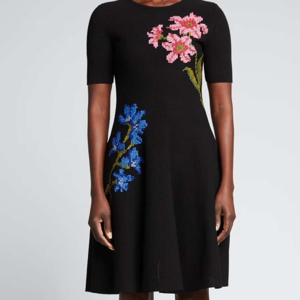 $2,990 NEW OSCAR DE LA RENTA BLACK FLORAL CROSS STICH DAY MIDI RUNWAY DRESS XL